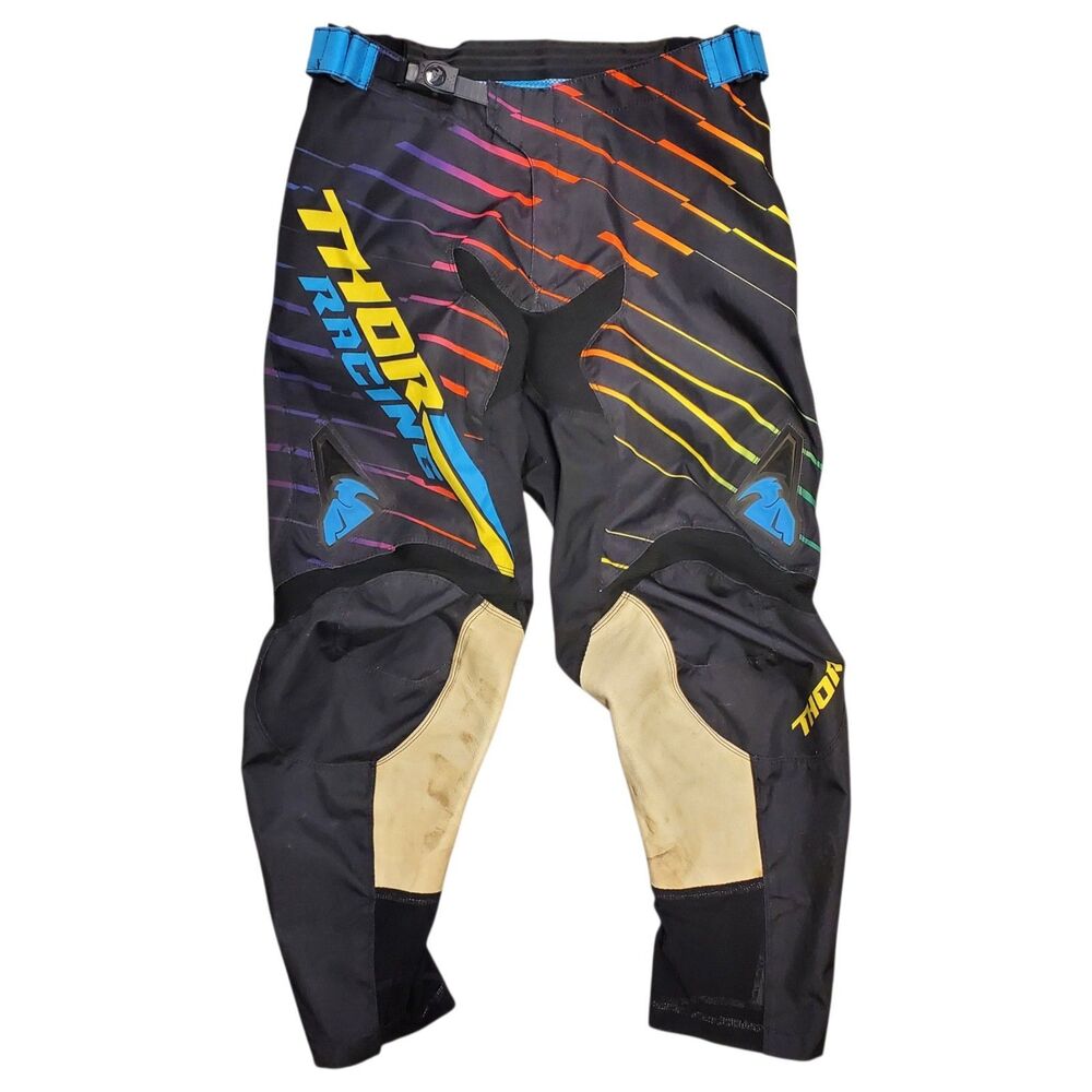 THOR Racing Pants Mens 32 Black Multicolor Stripe Motorcycle Dirt Bike Motocross